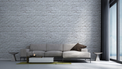 The interior design of modern tropicalliving room and white brick wall texture background 