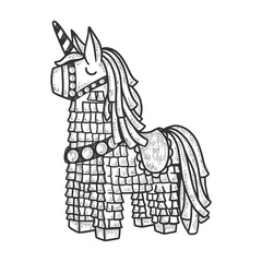 pinata toy sketch engraving vector illustration. T-shirt apparel print design. Scratch board imitation. Black and white hand drawn image.