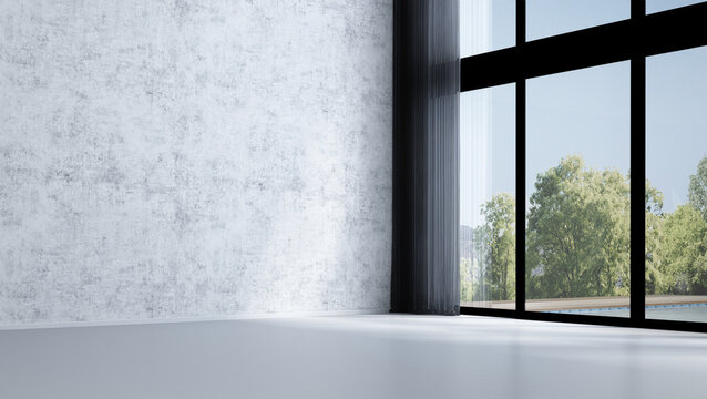 The interior design of modern tropical empty living hall room and concrete wall texture background 