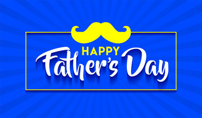 Happy Father's Day template logo design concept for poster, banner, icon, unit, label, web header, mnemonic, greeting card, symbol with moustache on Blue rays background. 