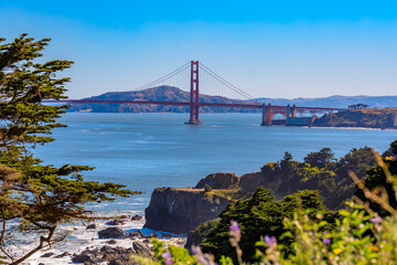 View of the Golden Gate bridge from Lands End cliffs with cypress trees, Pacific Ocean in...