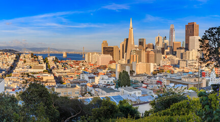 San Francisco skyline panorama before sunset with Bay Bridge and downtown skyline