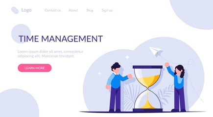 Time management concept. People stand near the hourglass. Modern flat vector illustration.
