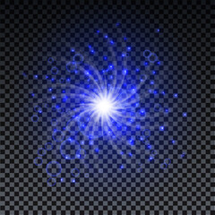 Blue burst on transparent background with sparkles and bokeh. Blue star glow effect. Magic burst for cads, invitations, poster and web. Futuristic vector design.