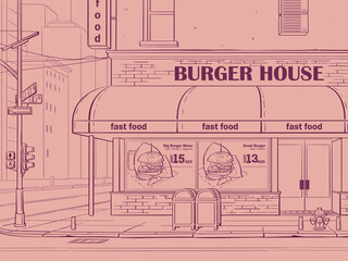 Vector contour pink colored background Burger House in New York