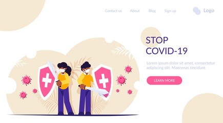 People with shields in their hands are protected from the attack of the virus. Fighting the pandemic. Modern flat vector illustration.