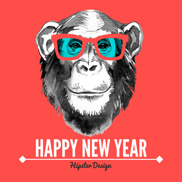 Merry Christmas and Happy New Year card with portrait of hipster monkey. Hand drawn vector illustration for fashion print, poster for textiles, fashion design and t-shirt graphics