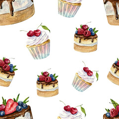 Beautiful watercolor seamless pattern with teapots, cups, cakes, cupcakes, tablecloth flowers, labels.  invitation cards, kitchen decor, greeting cards, posters, scrapbooking, print, wallpaper