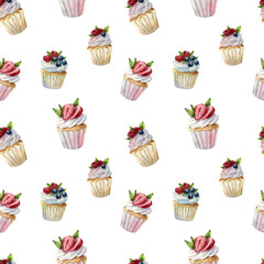 Beautiful watercolor seamless pattern with teapots, cups, cakes, cupcakes, tablecloth flowers, labels.  invitation cards, kitchen decor, greeting cards, posters, scrapbooking, print, wallpaper