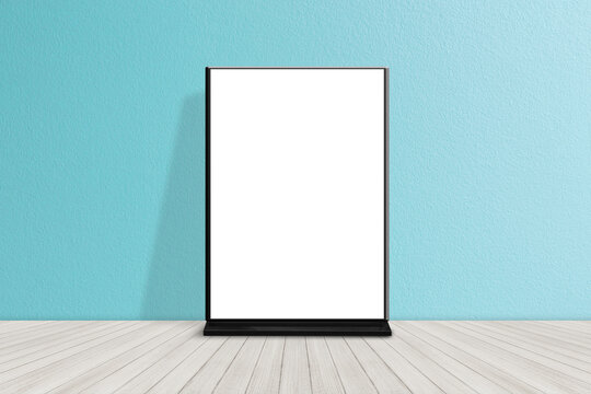 Empty stand mockup menu frame put on table with blue brick wall