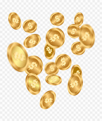 Earnings gold money rain. Cash explosion and flying coin.
