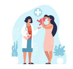 Mom and child are examined by a pediatrician, neonatologist. Medical appointment in the specialist s office. Clipart for design. Flat vector illustration isolated on white.
