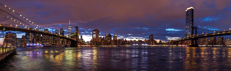 Panoramic Lower Manhattan skyline at sunset