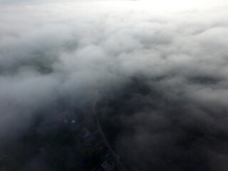 Aerial view of the morning fog (drone image). Near Kiev
