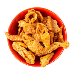 Crispy chicken skin on a red cup.