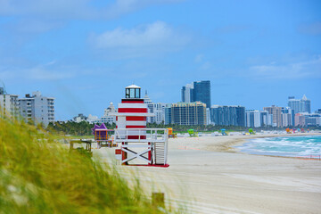 Miami Beach Lifeguard Stand in the Florida sunshine. Lifeguard Post on Miami Beach.