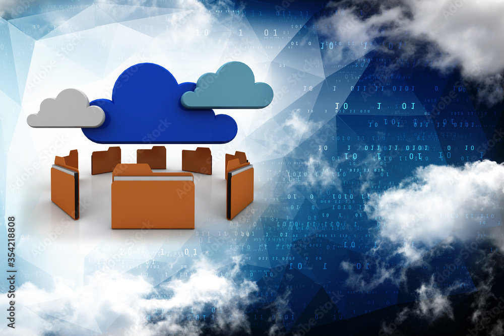 Poster 3d illustration of file data storage in cloud. cloud computing, cloud storage concept.