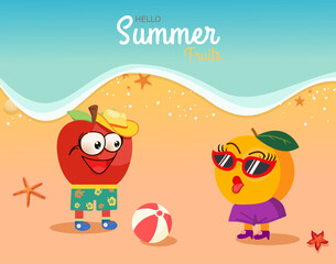 Hello Summer/summer fruits with apple boy, peach girl and emotion face, sunglasses, hat, starfish and beach ball on the beach design. For greeting card, banner, template, billboard, label tag sale.
