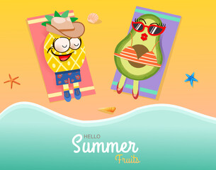 Hello Summer/summer fruits with pineapple boy, avocado girl and emotion face, sunglasses, hat, starfish, seashell on the beach design. For greeting card, banner, template, billboard, tag sale.
