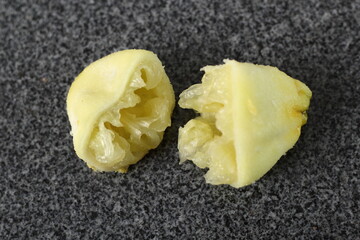 Squeezed lemon on granite surface. Making Shoofly Tart Series.
