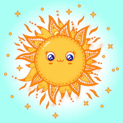 Sun Kawaii Ornamental Doodle Mandala Vector Illustration. Best for t-shirt, poster, web, card.