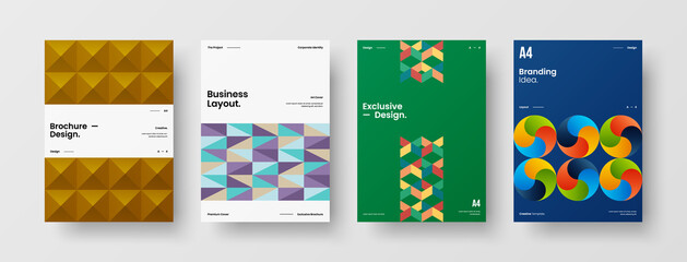 Naklejka premium Company identity brochure template collection. Business presentation vector A4 vertical orientation front page mock up set. Corporate report cover abstract geometric illustration design layout bundle.