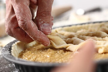 Twist strips into spirals and arrange on top of filling. Making Shoofly Tart Series.