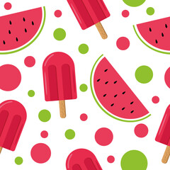 ice cream on a stick and slices of watermelon seamless pattern in vector flat style. bright, summer juicy background white