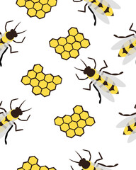 Bees, honey and honeycombs. Summer seamless pattern. Design for postcards, prints, clothes. Registration of medicines and cosmetics.