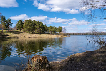 The bay on the Uvodsky reservoir in the area of the village of Egorii with birches in the...