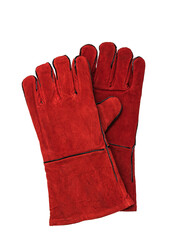 A pair of welder's gloves isolated on a white background.