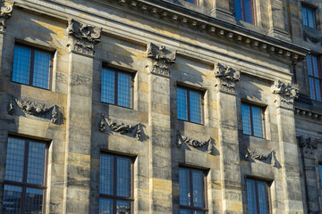 Obraz premium Close up of column detailed of Royal Palace Amsterdam in Amsterdam, Netherlands.