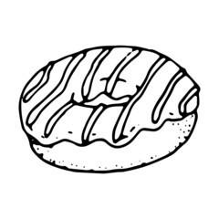 Hand drawn vector cute donut. Doodle style. Black outline isolated on white. Design for greeting cards, scrapbooking, textile, wrapping paper, cafe or restaurant menu, food infographic.
