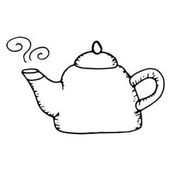 Hand drawn vector cute kettle. Doodle style. Black outline isolated on white. Design for greeting cards, scrapbooking, textile, wrapping paper, cafe or restaurant menu, food infographic.