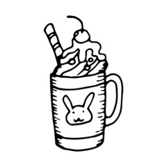 Cute cream dessert hand drawn vector doodle illustration.Black outlines Isolated on white background.Cute decorative element for cafe or restaurant menu design, food infographic and printed materials.