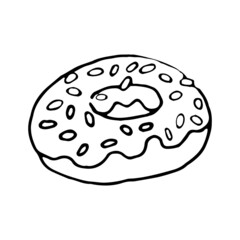 Hand drawn vector cute donut with sprinkles. Doodle style. Black outline isolated on white. Design for greeting cards, scrapbooking, textile, wrapping paper, cafe or restaurant menu, food infographic.