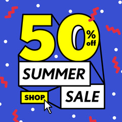 Blue tag Summer sale 50 percent off promotion online shop website square banner heading design on graphic purple background vector for banner or poster. Sale and Discounts Concept.