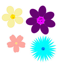 Different simple flowers yellow, purple, pink and blue with musical notes on them isolated on white background in vector. Concepts: music, floral, bloom, spring