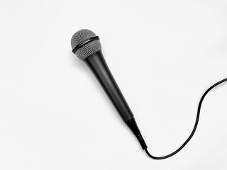 microphone for karaoke with a wire isolated on a white background.  top view, flat lay, copy space...