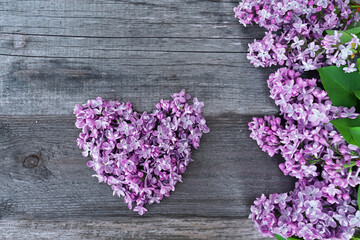 lilac flowers heart on wooden background 