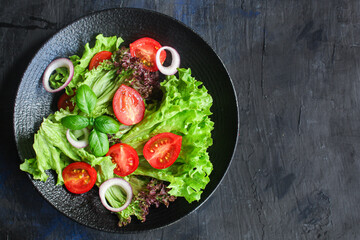 Healthy salad leaves mix micro green, cucumber, tomato, onion other ingredient. food background copy space