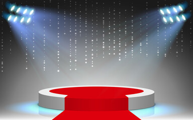 Fototapeta premium white podium and red carpet with spotlight on the stage