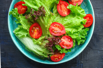 Healthy salad leaves mix micro green, cucumber, tomato, onion other ingredient. food background copy space