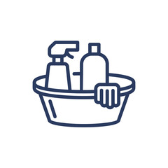 Detergents thin line icon. Bottles, spray, basin, gloves isolated outline sign. Cleanup, housekeeping, housewifery concept. Vector illustration symbol element for web design and apps