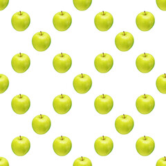 Pattern of green apples on a white background. Isolated fruits. Image for fabric, wallpaper and wrapping paper.