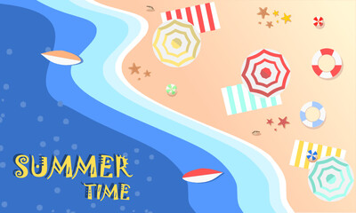 Summer Time/Hello Summer. View beach with umbrella, mat, starfish,shell, balls, lifebuoy, surfboard and text in the ocean.