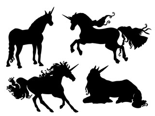 Beautiful black silhouettes of unicorns isolated on white background. Vector illustration