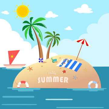 Summer time to say Hello for everyone.
Island is a paradise for summer. Vector design. Text design of Hello Summer on sand.