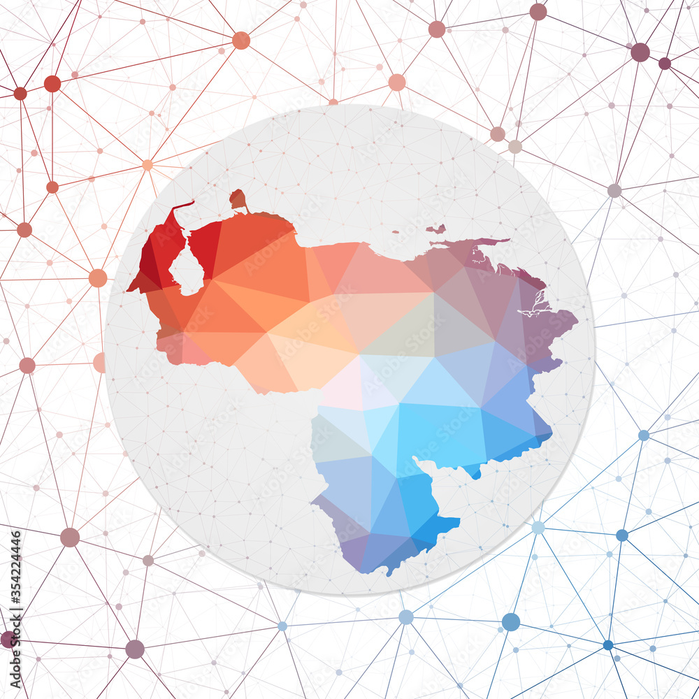 Poster Abstract vector map of Venezuela. Technology in the country geometric style poster. Polygonal Venezuela map on 3d triangular mesh background. EPS10 Vector.