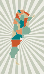 Argentina map. Poster with map of the country in retro color palette. Shape of Argentina with sunburst rays background. Vector illustration.